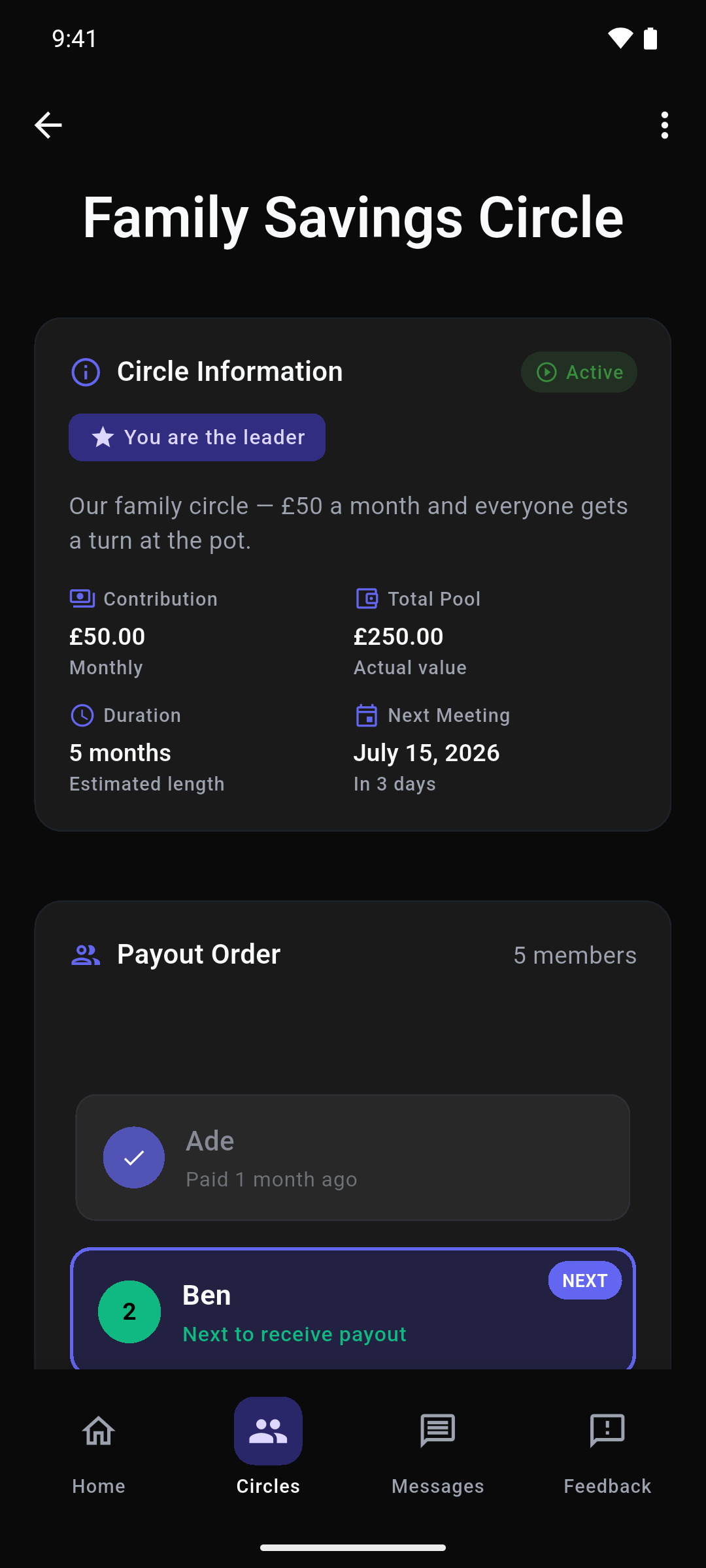 Circle overview showing contribution amount, pot and next meeting