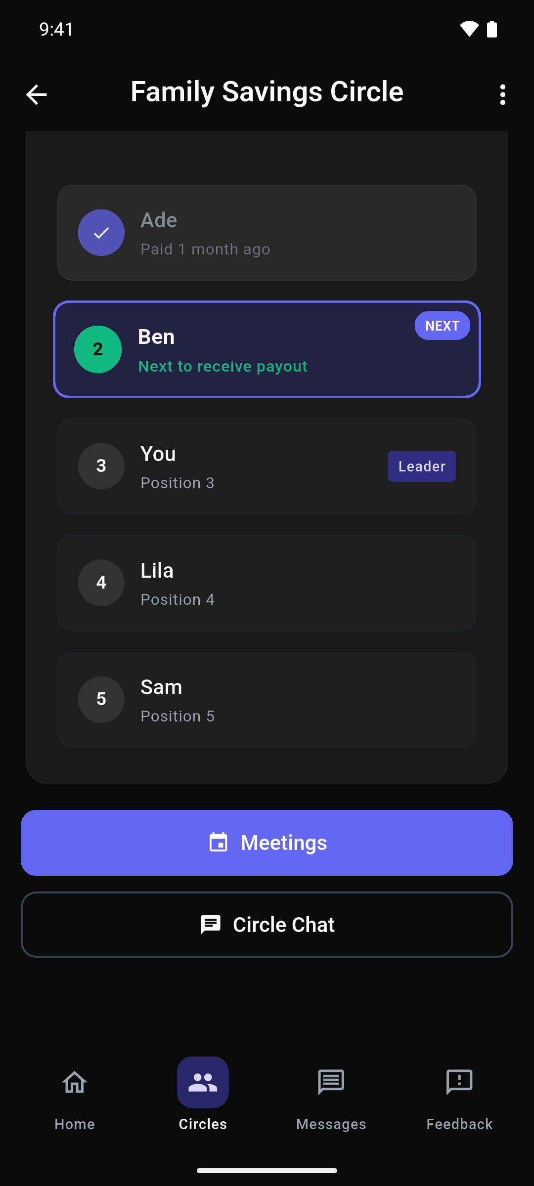 Members list showing who has paid this round