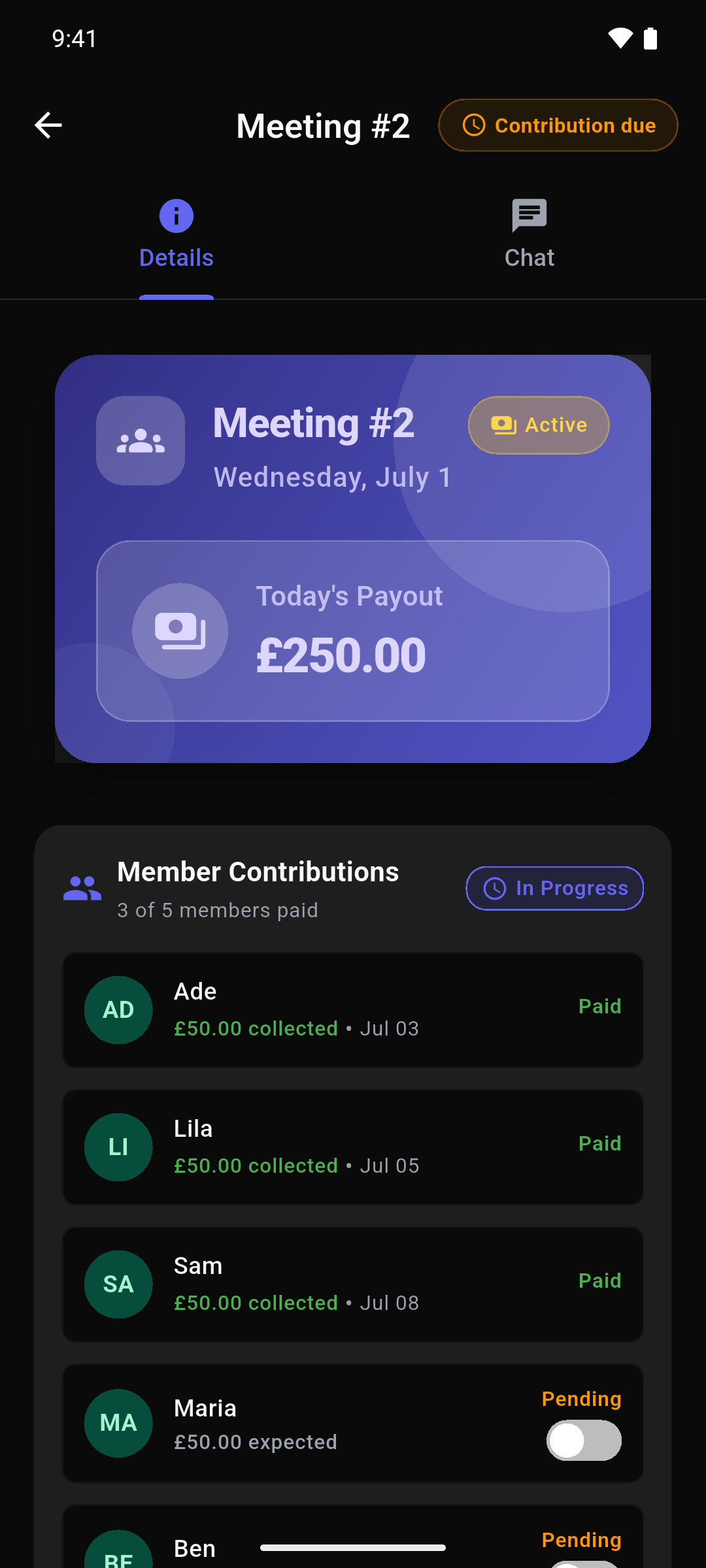 Who has contributed this round, visible to the whole circle rather than only the organiser
