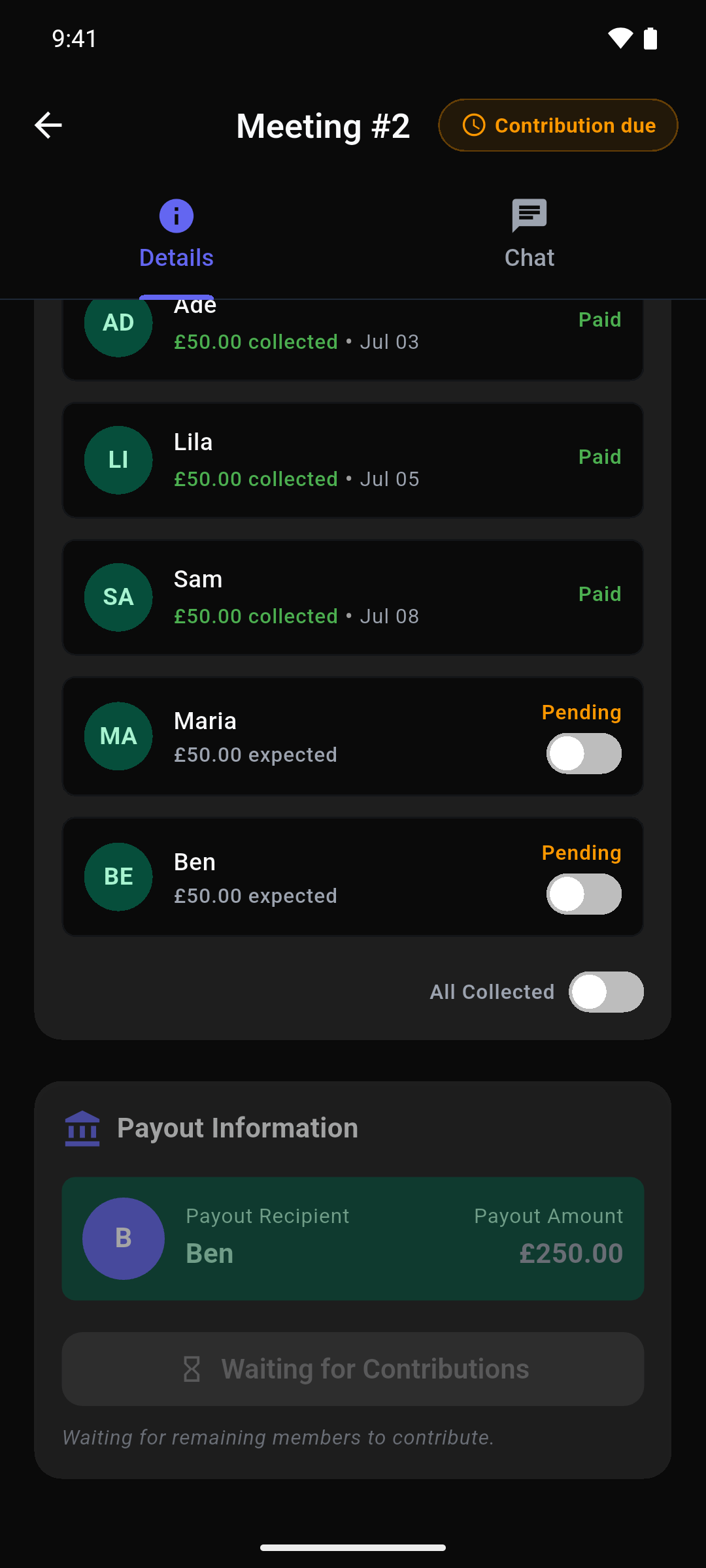 Payout order showing whose turn is next